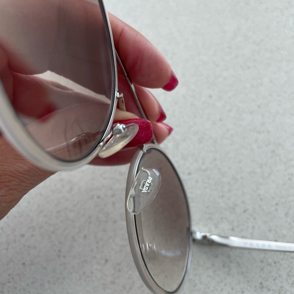 Prada Round Cream & Silver Colored Frame Sunglasses. Light Gradient Brown Lenses - Picture 7 of 10